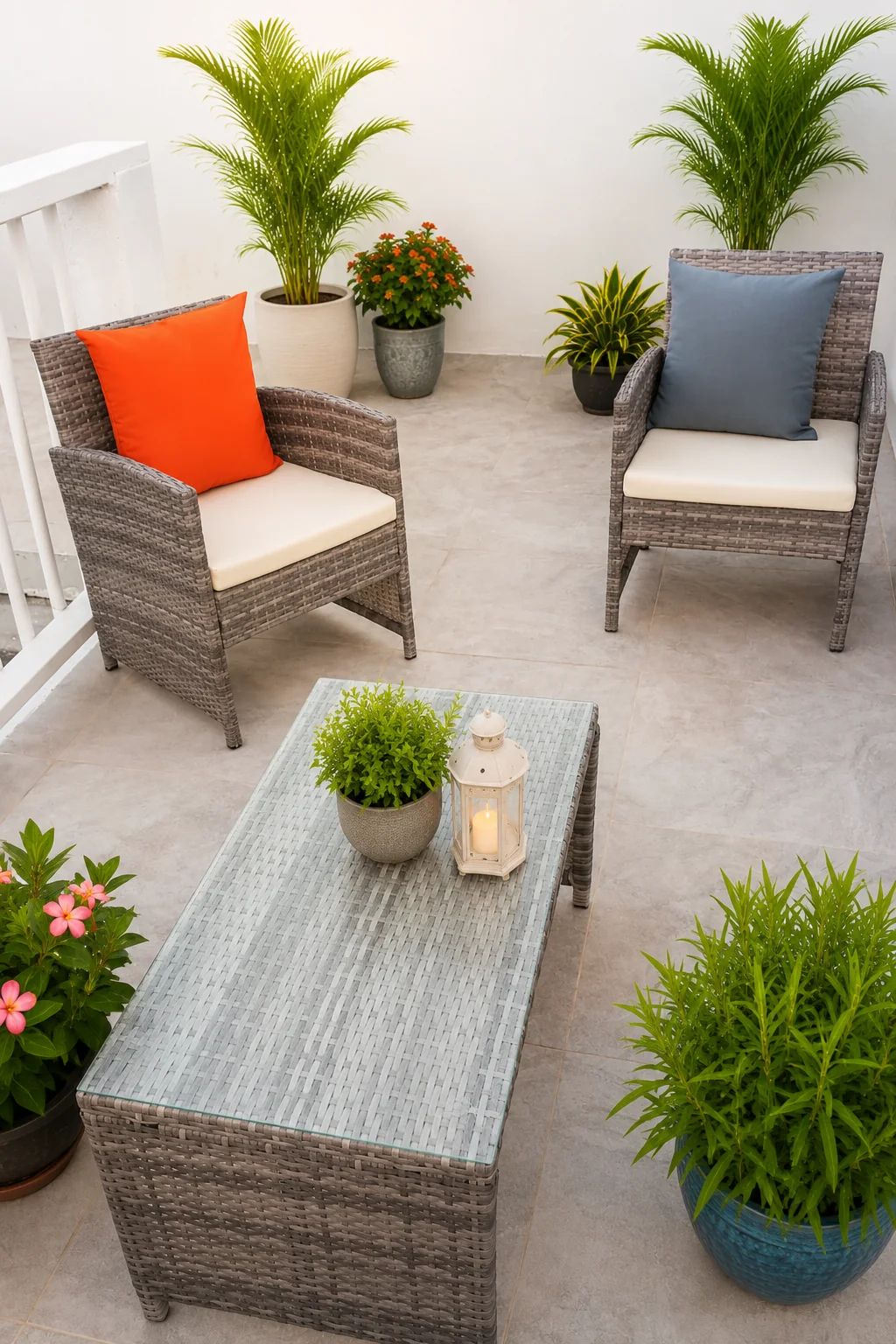 Rooftop seating and plants at Virginia's Place